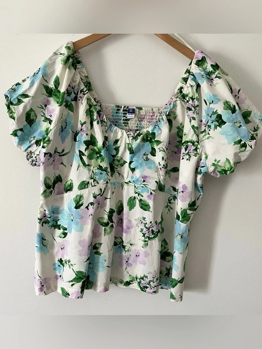 Old Navy Cream Green Purple Floral Smocked Puff Sleeve Cottagecore Top XXL